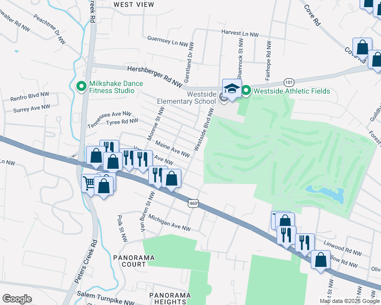map of restaurants, bars, coffee shops, grocery stores, and more near 1227 Westside Boulevard Northwest in Roanoke