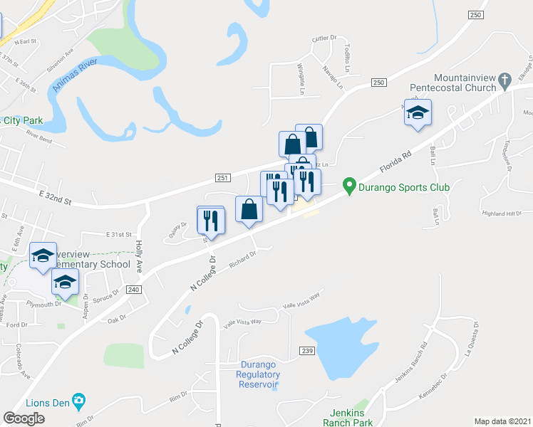 map of restaurants, bars, coffee shops, grocery stores, and more near 1455 County Road 240 in Durango