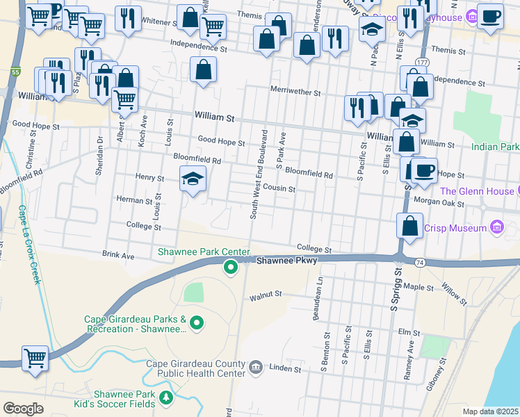 map of restaurants, bars, coffee shops, grocery stores, and more near 1315 Jefferson Avenue in Cape Girardeau