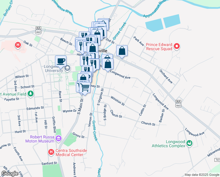 map of restaurants, bars, coffee shops, grocery stores, and more near 200 South Bridge Street in Farmville