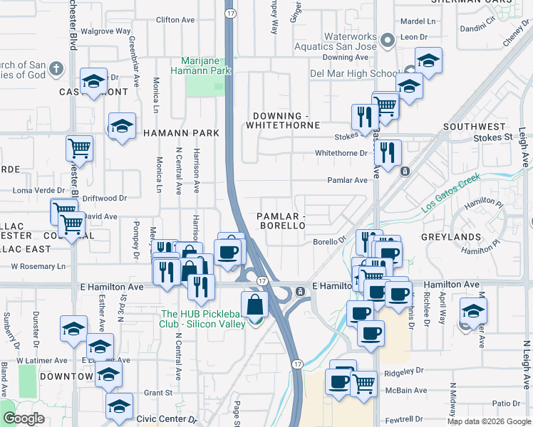 map of restaurants, bars, coffee shops, grocery stores, and more near in San Jose