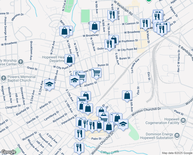 map of restaurants, bars, coffee shops, grocery stores, and more near 233 South 12th Avenue in Hopewell