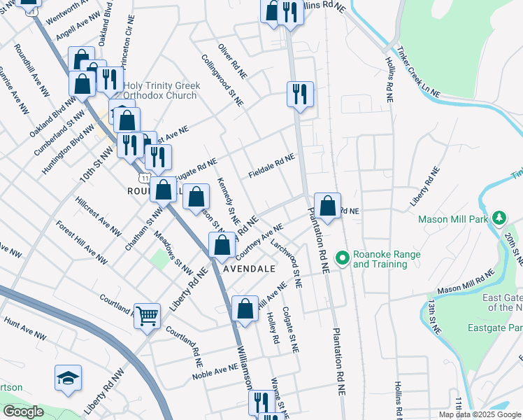map of restaurants, bars, coffee shops, grocery stores, and more near 408 Liberty Road Northeast in Roanoke