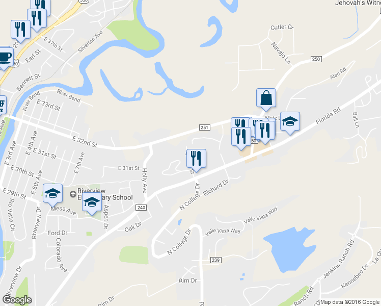 map of restaurants, bars, coffee shops, grocery stores, and more near 3160 Quasar Street in Durango