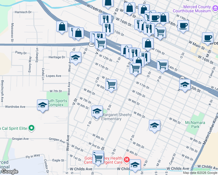 map of restaurants, bars, coffee shops, grocery stores, and more near 1243 West 9th Street in Merced
