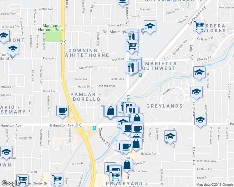 map of restaurants, bars, coffee shops, grocery stores, and more near 102 Quail Hollow Drive in San Jose