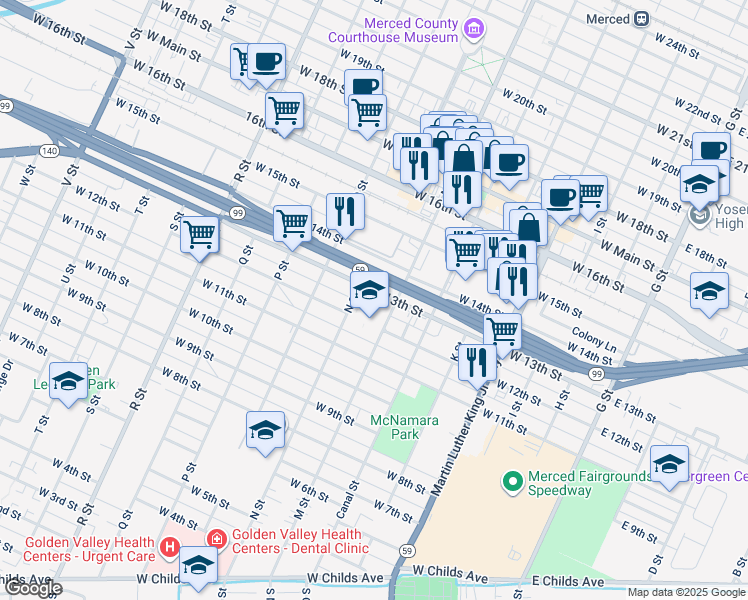 map of restaurants, bars, coffee shops, grocery stores, and more near 632 West 13th Street in Merced
