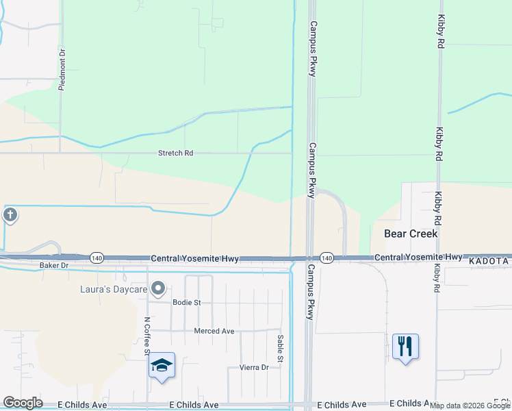 map of restaurants, bars, coffee shops, grocery stores, and more near 3370 California 140 in Merced