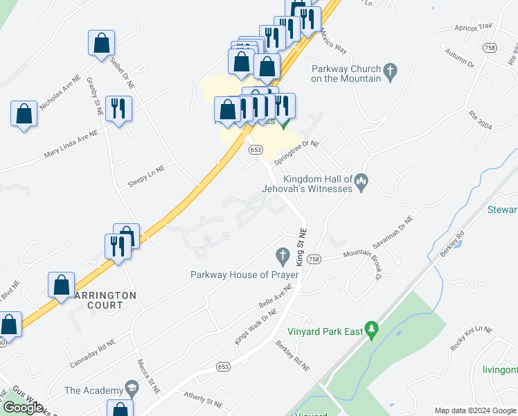 map of restaurants, bars, coffee shops, grocery stores, and more near 3330 King Street Northeast in Roanoke