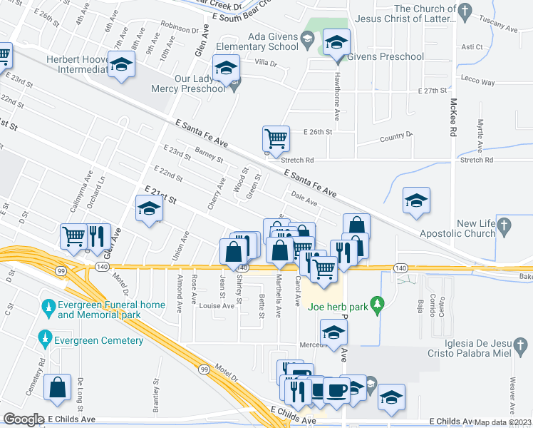 map of restaurants, bars, coffee shops, grocery stores, and more near 1485 East 22nd Street in Merced