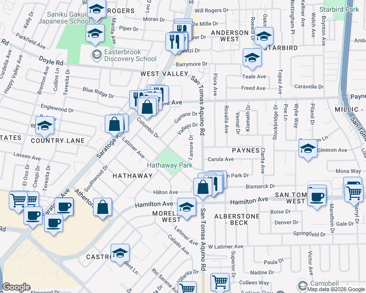 map of restaurants, bars, coffee shops, grocery stores, and more near 4328 Bayne Place in San Jose