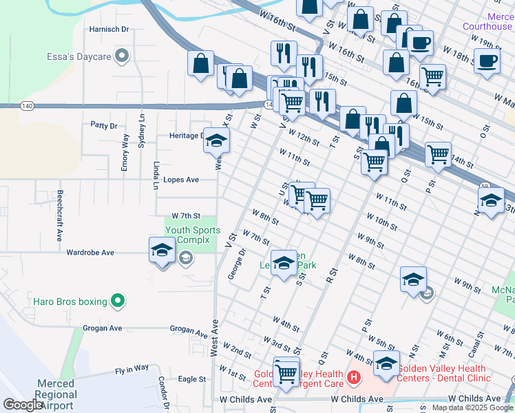map of restaurants, bars, coffee shops, grocery stores, and more near 1419 West 8th Street in Merced