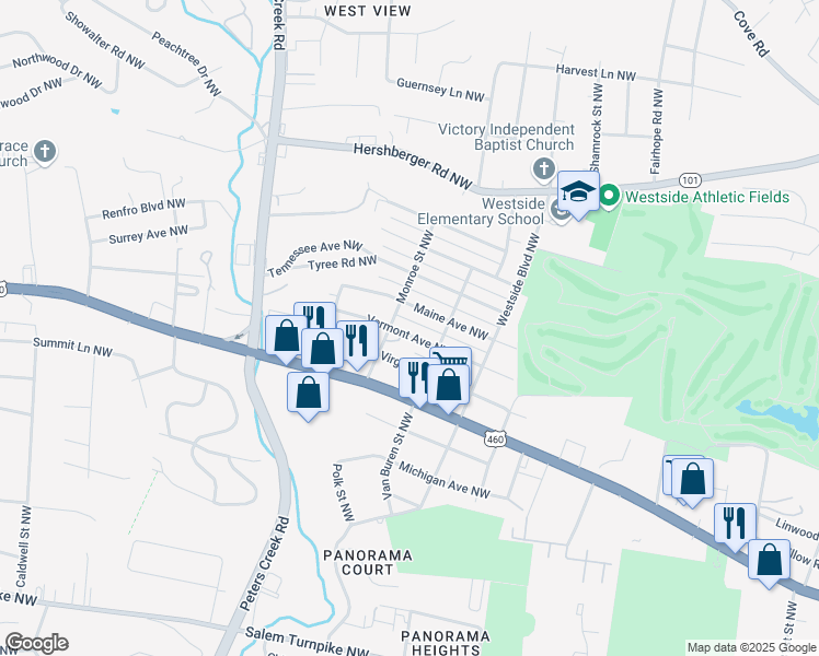 map of restaurants, bars, coffee shops, grocery stores, and more near 4029 Vermont Avenue Northwest in Roanoke