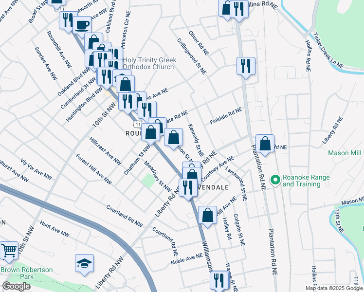map of restaurants, bars, coffee shops, grocery stores, and more near 2733 Edison Street Northeast in Roanoke