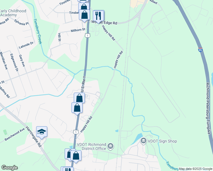 map of restaurants, bars, coffee shops, grocery stores, and more near 16410 Happy Hill Road in Colonial Heights