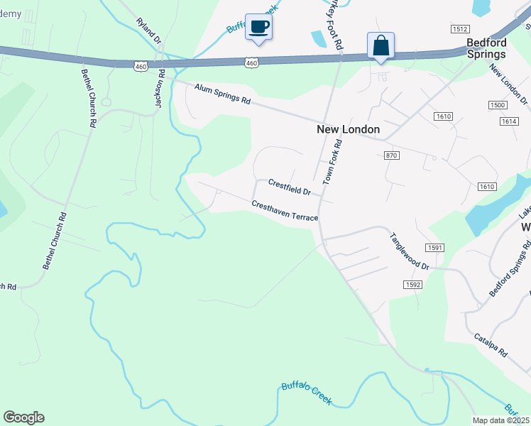 map of restaurants, bars, coffee shops, grocery stores, and more near 168 Cresthaven Terrace in Evington