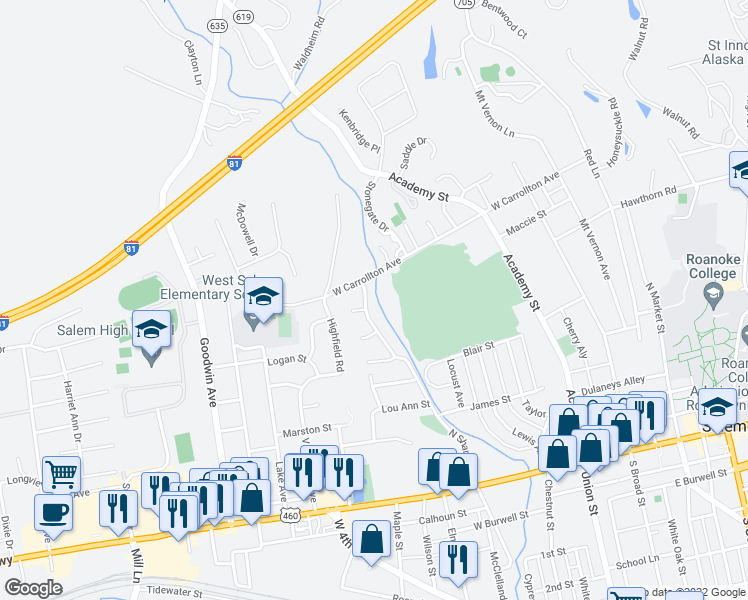 map of restaurants, bars, coffee shops, grocery stores, and more near 500-508 North Shanks Street in Salem