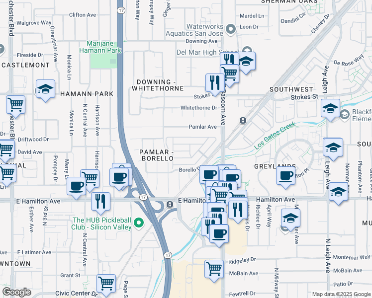 map of restaurants, bars, coffee shops, grocery stores, and more near 61 Quail Hollow Drive in San Jose