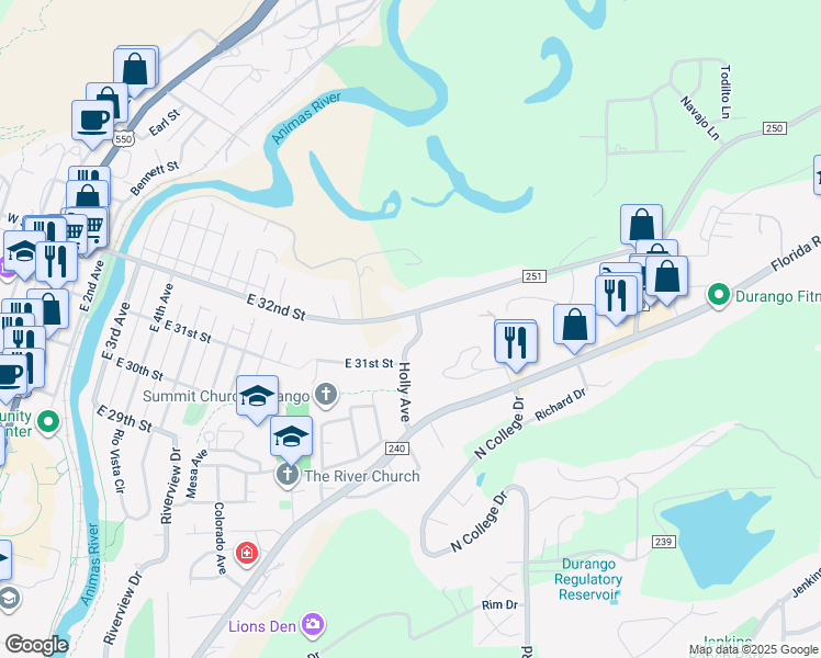 map of restaurants, bars, coffee shops, grocery stores, and more near 950 East 32nd Street in Durango
