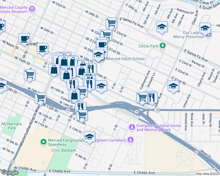 map of restaurants, bars, coffee shops, grocery stores, and more near 150 East Main Street in Merced
