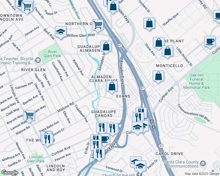 map of restaurants, bars, coffee shops, grocery stores, and more near 670 Almaden Walk Loop in San Jose