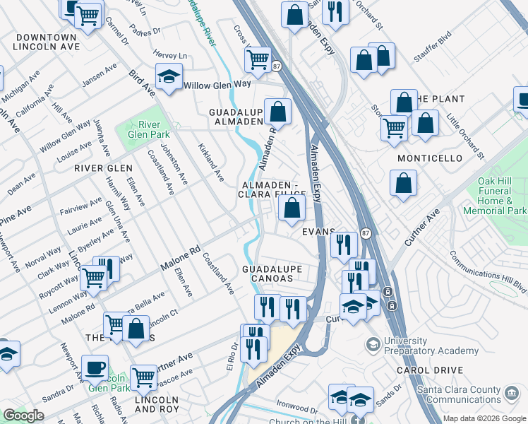 map of restaurants, bars, coffee shops, grocery stores, and more near 670 Almaden Walk Loop in San Jose
