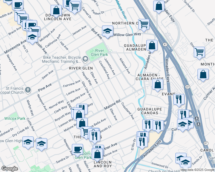 map of restaurants, bars, coffee shops, grocery stores, and more near 1949 Coastland Avenue in San Jose