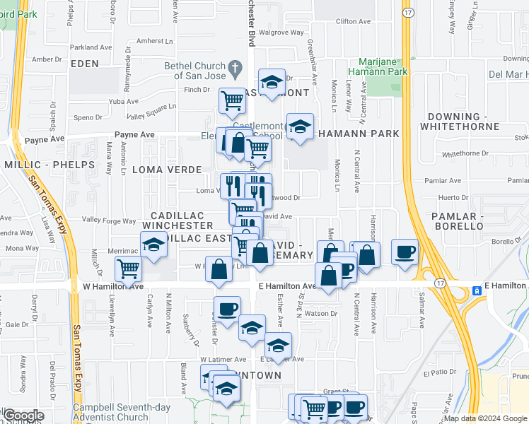map of restaurants, bars, coffee shops, grocery stores, and more near 3054 David Avenue in San Jose