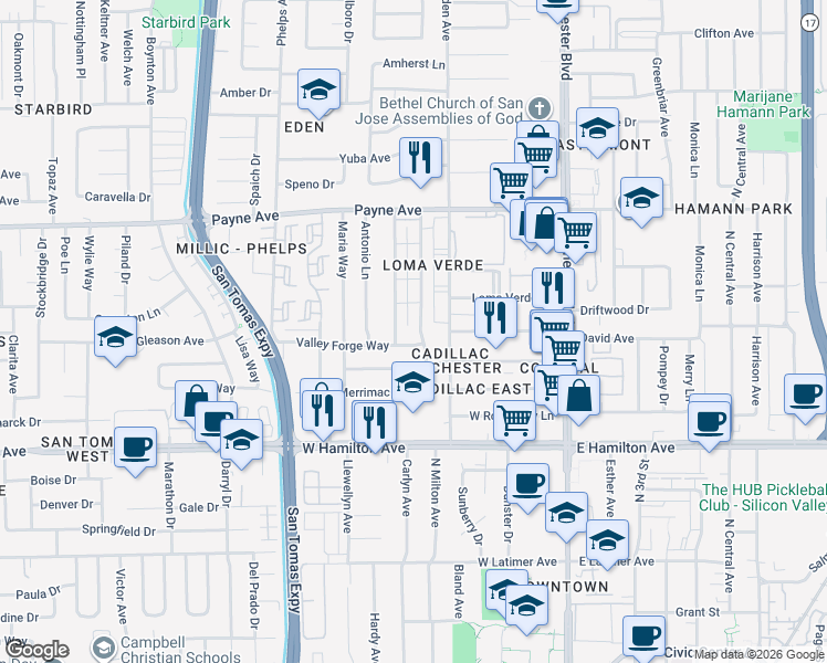 map of restaurants, bars, coffee shops, grocery stores, and more near 1469 Lexington Drive in San Jose