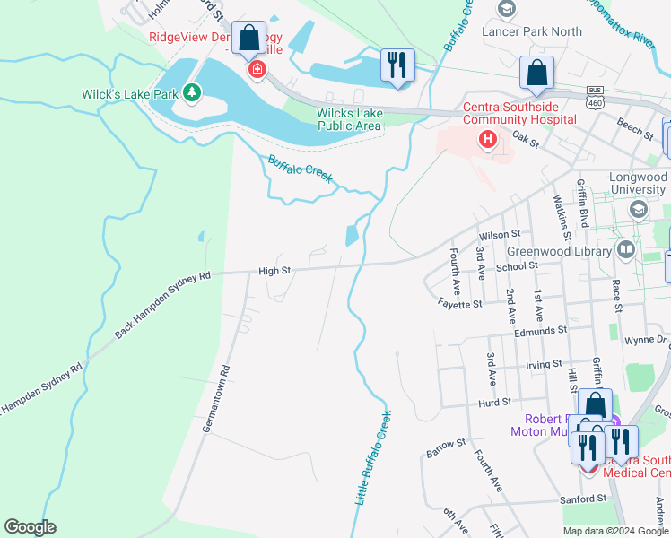 map of restaurants, bars, coffee shops, grocery stores, and more near 103 Buffaloe Lane in Farmville