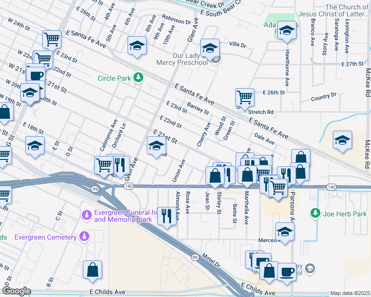 map of restaurants, bars, coffee shops, grocery stores, and more near 1120 East 21st Street in Merced