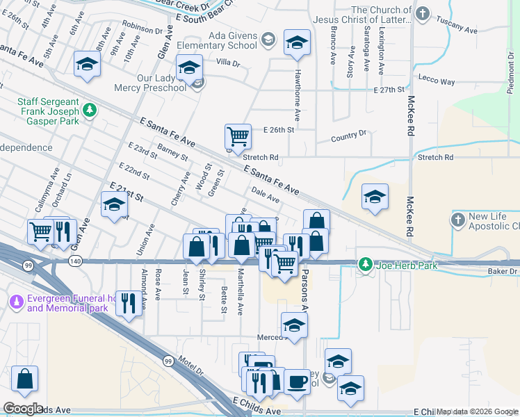 map of restaurants, bars, coffee shops, grocery stores, and more near 1706 East 23rd Street in Merced