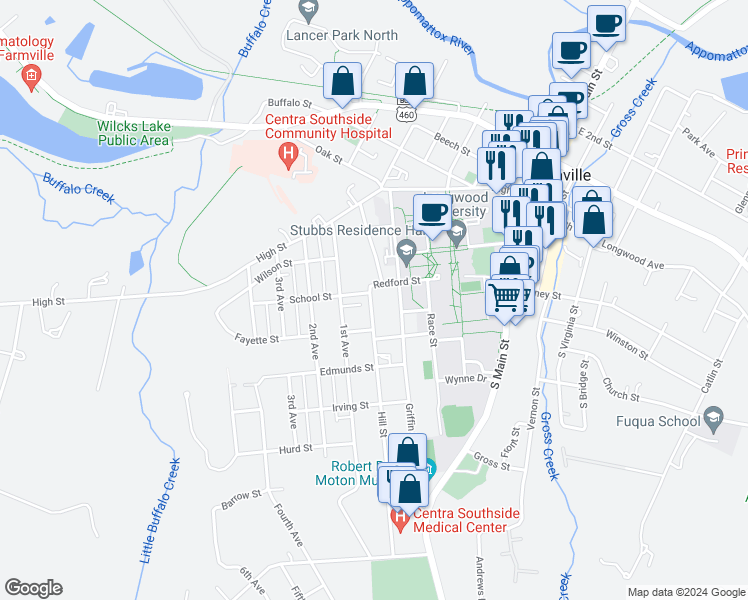 map of restaurants, bars, coffee shops, grocery stores, and more near 406 Hill Street in Farmville