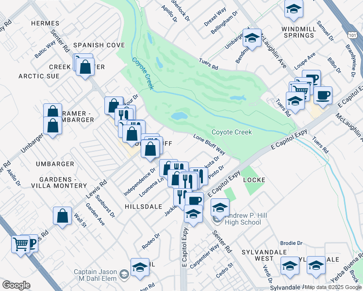 map of restaurants, bars, coffee shops, grocery stores, and more near 678 Santee River Court in San Jose