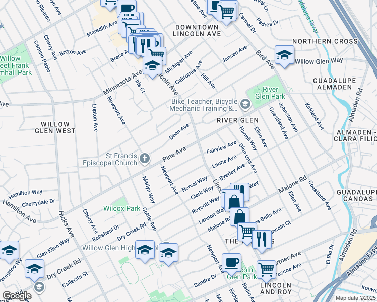 map of restaurants, bars, coffee shops, grocery stores, and more near 1124 Pine Avenue in San Jose