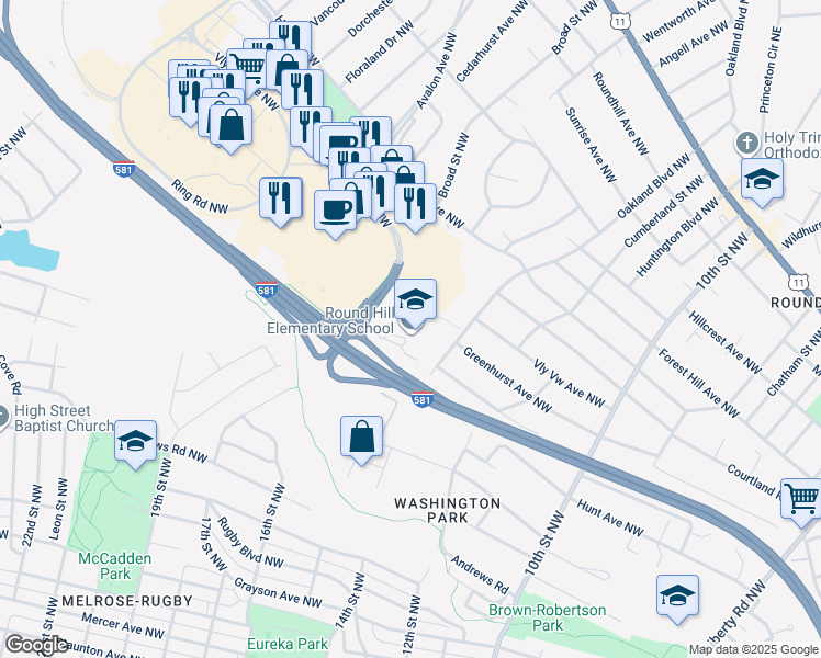 map of restaurants, bars, coffee shops, grocery stores, and more near 2020 Oakland Boulevard Northwest in Roanoke