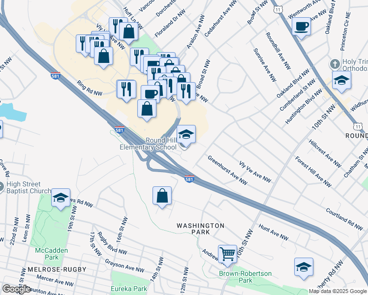map of restaurants, bars, coffee shops, grocery stores, and more near 2020 Oakland Boulevard Northwest in Roanoke