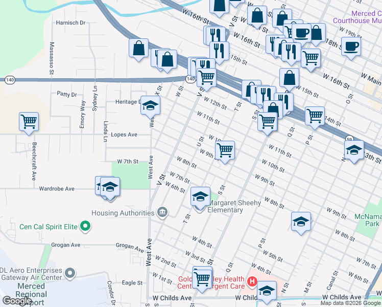map of restaurants, bars, coffee shops, grocery stores, and more near 1419 West 8th Street in Merced