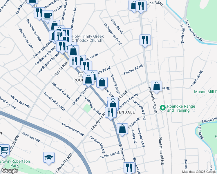map of restaurants, bars, coffee shops, grocery stores, and more near 2733 Edison Street Northeast in Roanoke