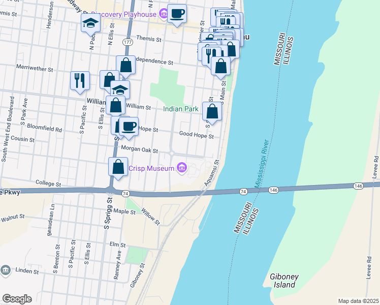 map of restaurants, bars, coffee shops, grocery stores, and more near 340 South Lorimier Street in Cape Girardeau