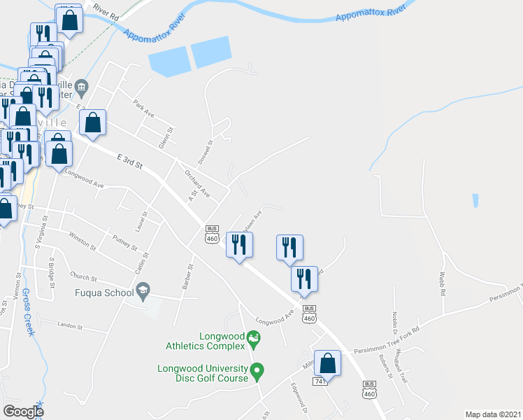 map of restaurants, bars, coffee shops, grocery stores, and more near 228 Hylawn Avenue in Farmville