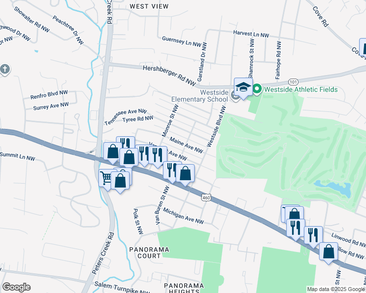 map of restaurants, bars, coffee shops, grocery stores, and more near 4002 Maine Avenue Northwest in Roanoke