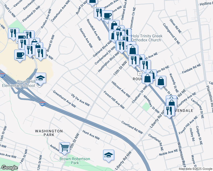 map of restaurants, bars, coffee shops, grocery stores, and more near 2519 10th Street Northwest in Roanoke