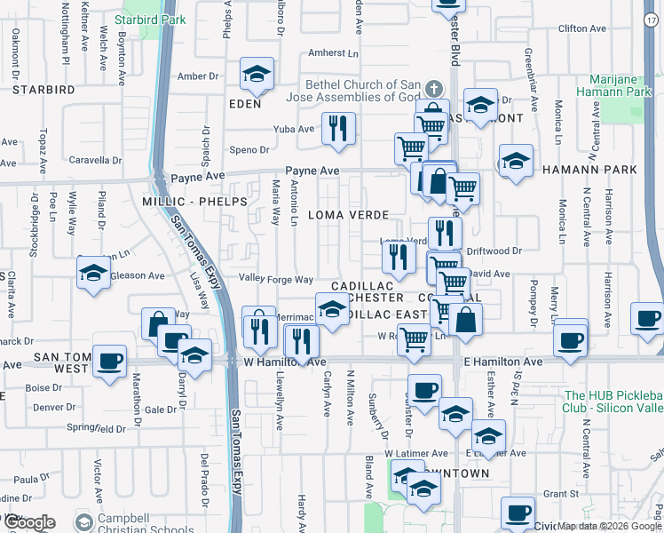 map of restaurants, bars, coffee shops, grocery stores, and more near 1469 Lexington Drive in San Jose