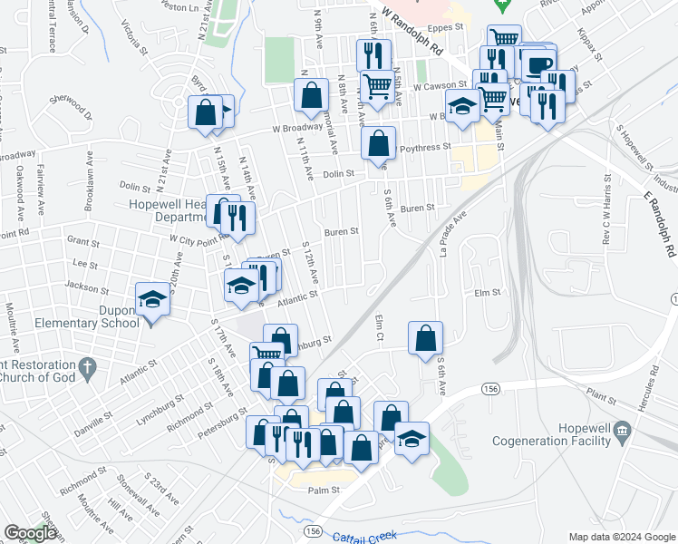 map of restaurants, bars, coffee shops, grocery stores, and more near 302 South 9th Avenue in Hopewell