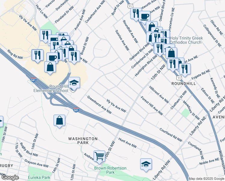 map of restaurants, bars, coffee shops, grocery stores, and more near 3443 Courtland Road Northwest in Roanoke