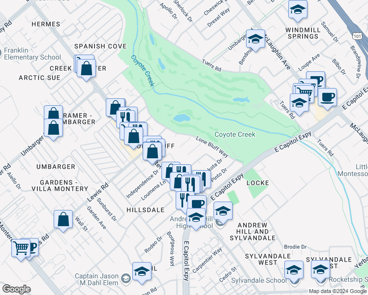 map of restaurants, bars, coffee shops, grocery stores, and more near 678 Santee River Court in San Jose