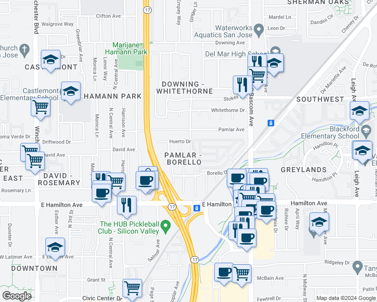 map of restaurants, bars, coffee shops, grocery stores, and more near 1433 Spruance Court in San Jose