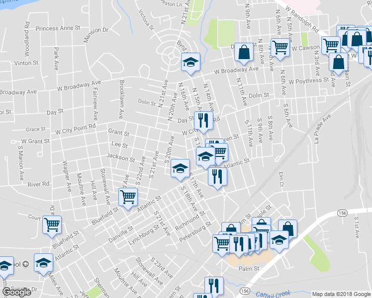 map of restaurants, bars, coffee shops, grocery stores, and more near 1704 Grant Street in Hopewell