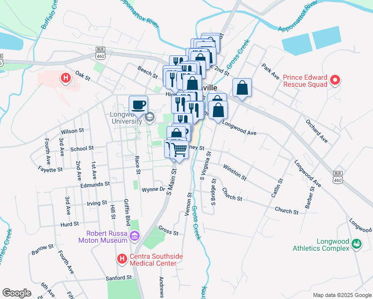 map of restaurants, bars, coffee shops, grocery stores, and more near 123 Putney Street in Farmville